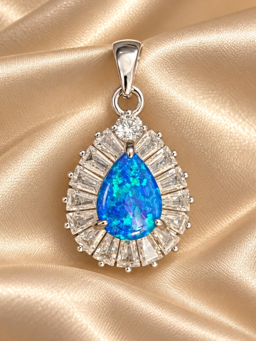 925 Sterling Silver Blue Opal Teardrop Halo Pendant
